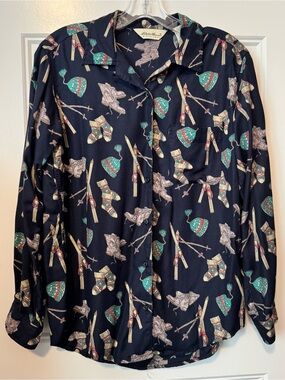 Vintage Eddie Bauer Ski Print Rayon Button Up Shirt Women's S Outdoor Cabincore